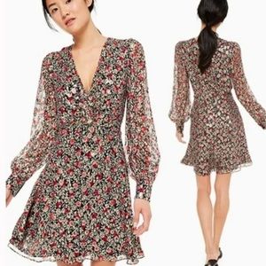 Kate Spade Size 10 Floral Park Clip Dot Dress Long Sleeves V-neck Metallic Silk